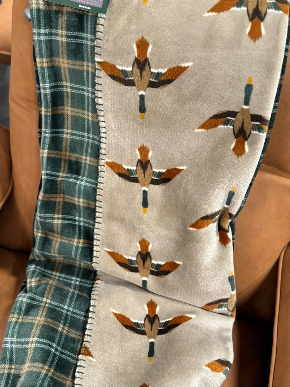 Eddie Bauer Green Plaid and Beige Duck-Print Throw Blanket